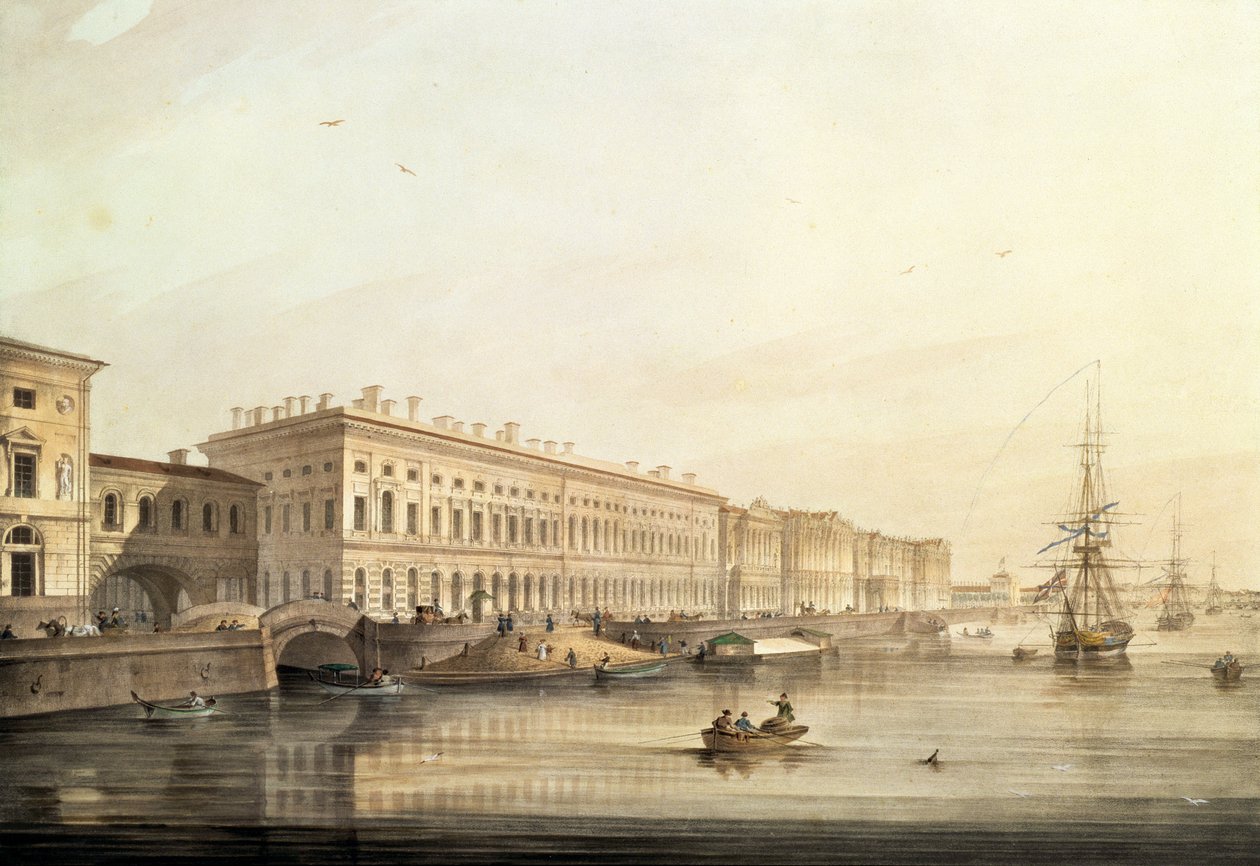 Kilátás a Palota rakpartjára, metszett: Karl Petrovich Beggrov (1799-1875), 1826 (litho wc-vel) alkotó: K. and Shiflard, S. Sabat