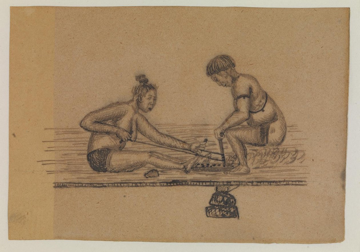 Illusztráció egy inuit legendához (két meztelen ember tüzet rak) alkotó: Kaarale Andreassen