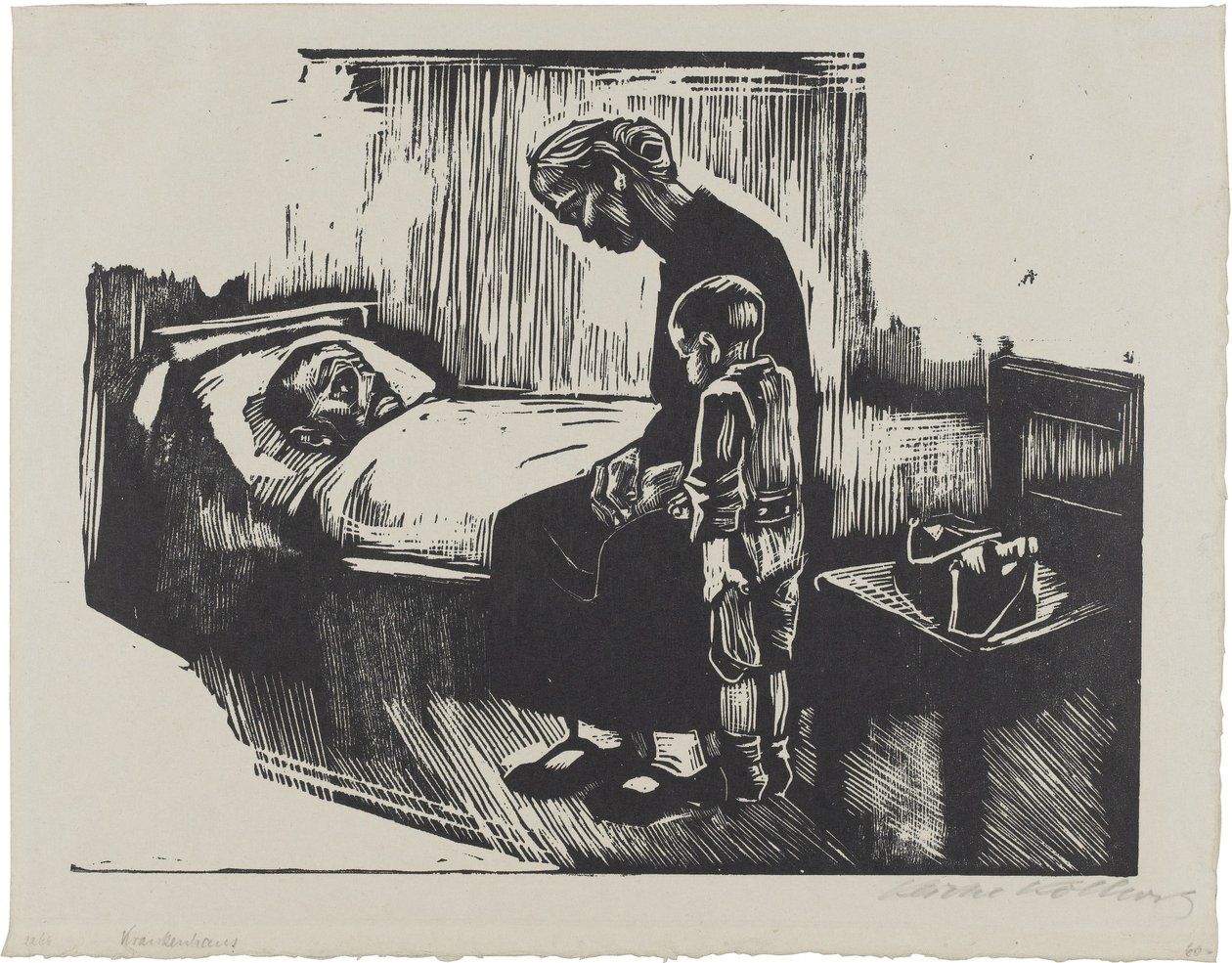 Látogatás a kórházban (4. lap innen: Die Schaffenden, 7. évfolyam, 2. mappa) alkotó: Käthe Kollwitz