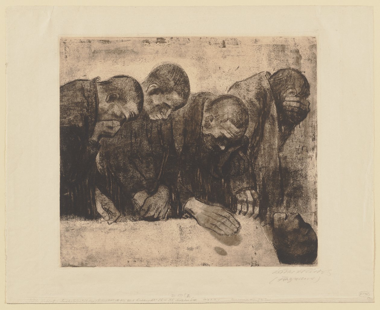 Az eredeti kompozíció jobb oldalán látható négy alak, „Emléklap Karl Liebknecht számára. Elvetett első változat“ alkotó: Käthe Kollwitz