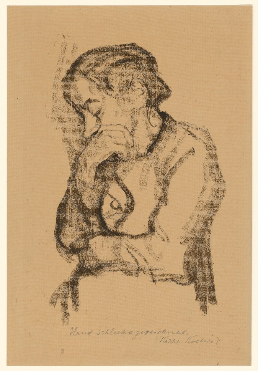 Félalakos női figura, aki jobb kezével eltakarja a száját alkotó: Käthe Kollwitz