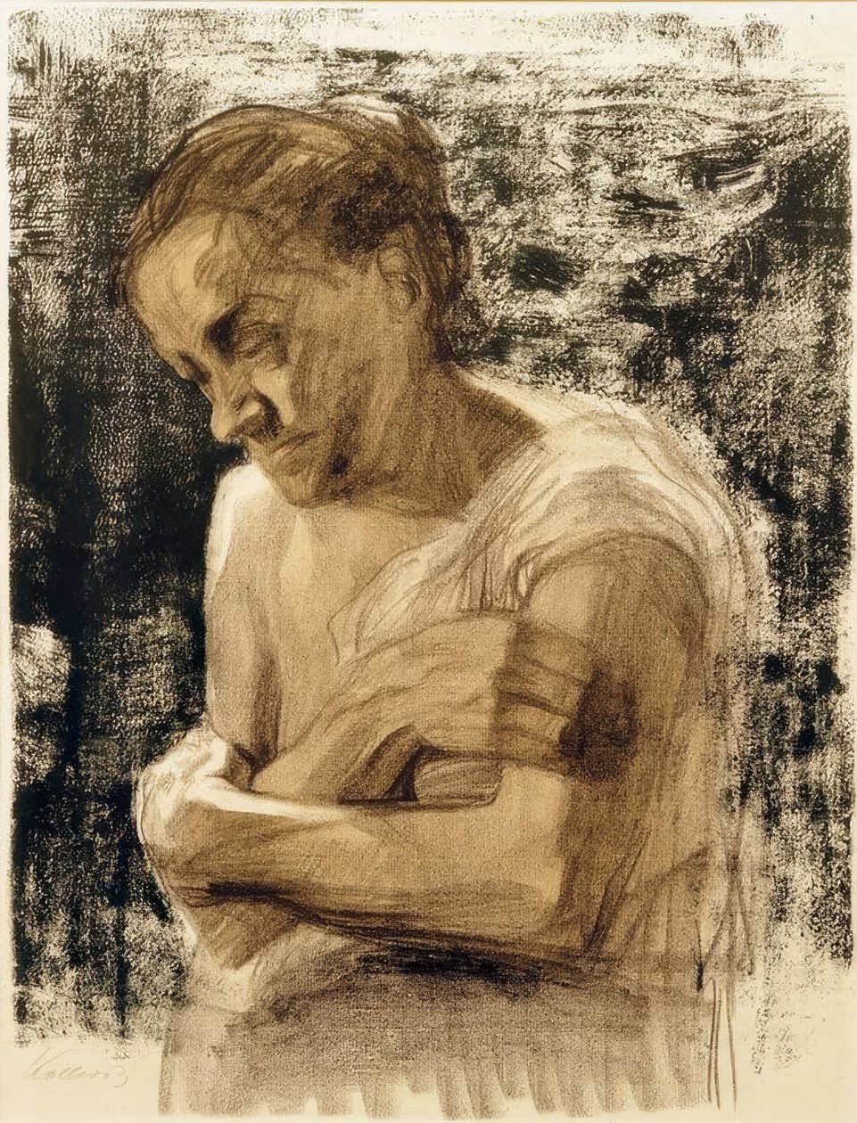 Keresztbe tett karú nő fél alakja alkotó: Käthe Kollwitz
