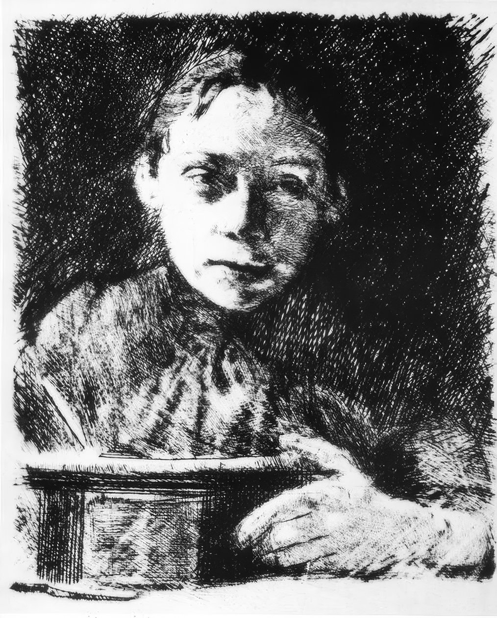 Önarckép a rajztáblán alkotó: Käthe Kollwitz