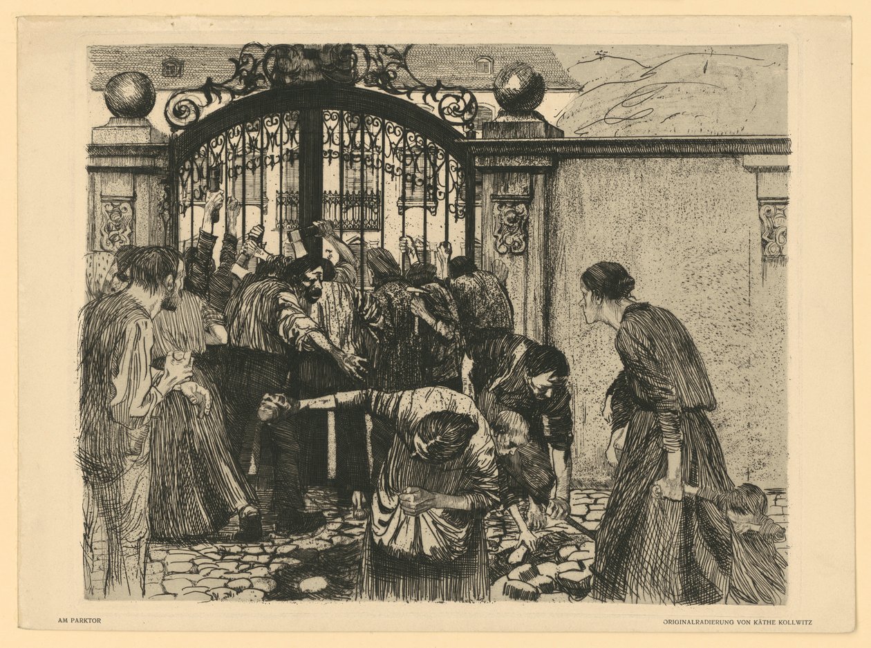 Vihar [A park kapujánál] („Takácsfelkelés”, 5. lap, 2. állapot) alkotó: Käthe Kollwitz