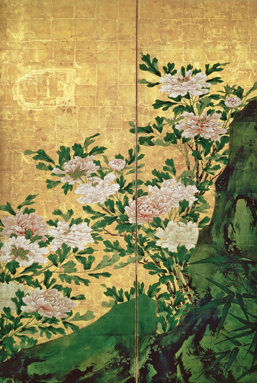 Virágrészletek (tinta, színek és arany papíron) alkotó: Kaiho Yusho