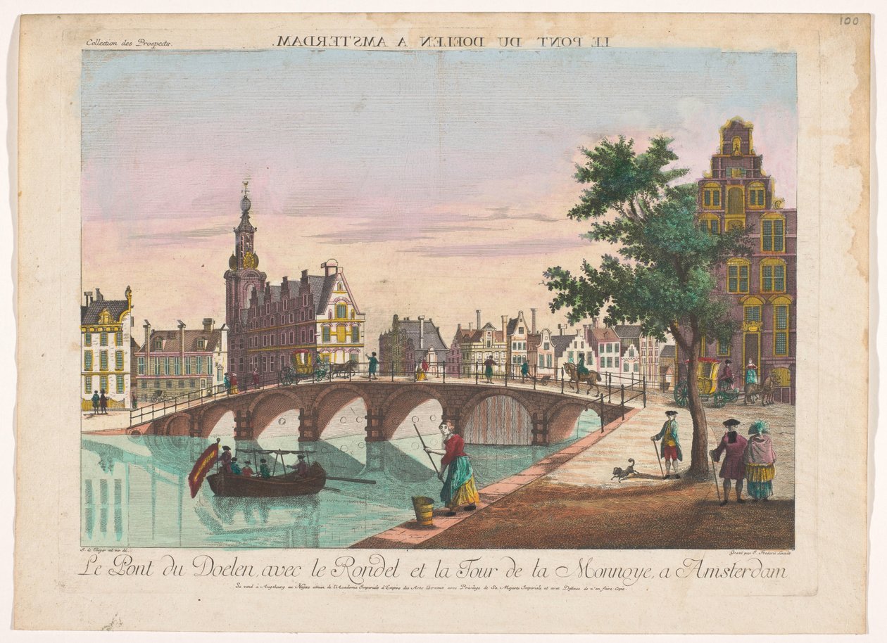 Kilátás a Doelenbrugra az Amstel felett Amszterdamban Le Pont du Doelen a Amsterdam (cím a tárgyon) alkotó: Kaiserlich Franziskische Akademie