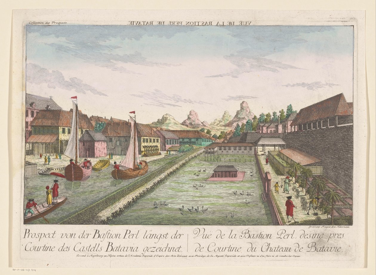 Kilátás a Parel sarokbástyára, amely a Batavia-kastély része Prospect von der Bastion Perl längst der Courtine des Castells Batavia gezeichnet (cím a tárgyon) alkotó: Kaiserlich Franziskische Akademie