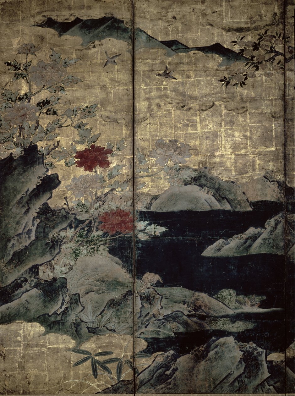 A négy évszak madarai és virágai (toll és tinta, színes, arany papír a panelen) (lásd: 216555, 216556) alkotó: Kano Soshu