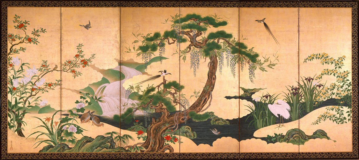 Tavasz és nyár madarai és virágai - Eino, Kano (1631-1697) - XVII. század második fele. - Akvarell és tinta, papír - 153x361 - Suntory Művészeti Múzeum alkotó: Kano Eino