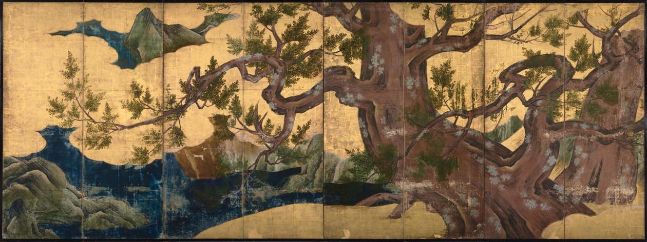 Cypress Tree Nyolc hajtogatott képernyő, 1590 alkotó: Kano Eitoku
