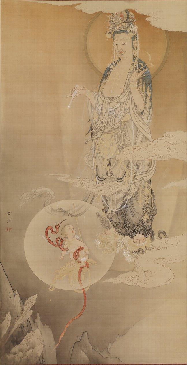 A Bodhisattva Kannon, 1883 (tinta, szín és arany selyemen) alkotó: Kano Hogai