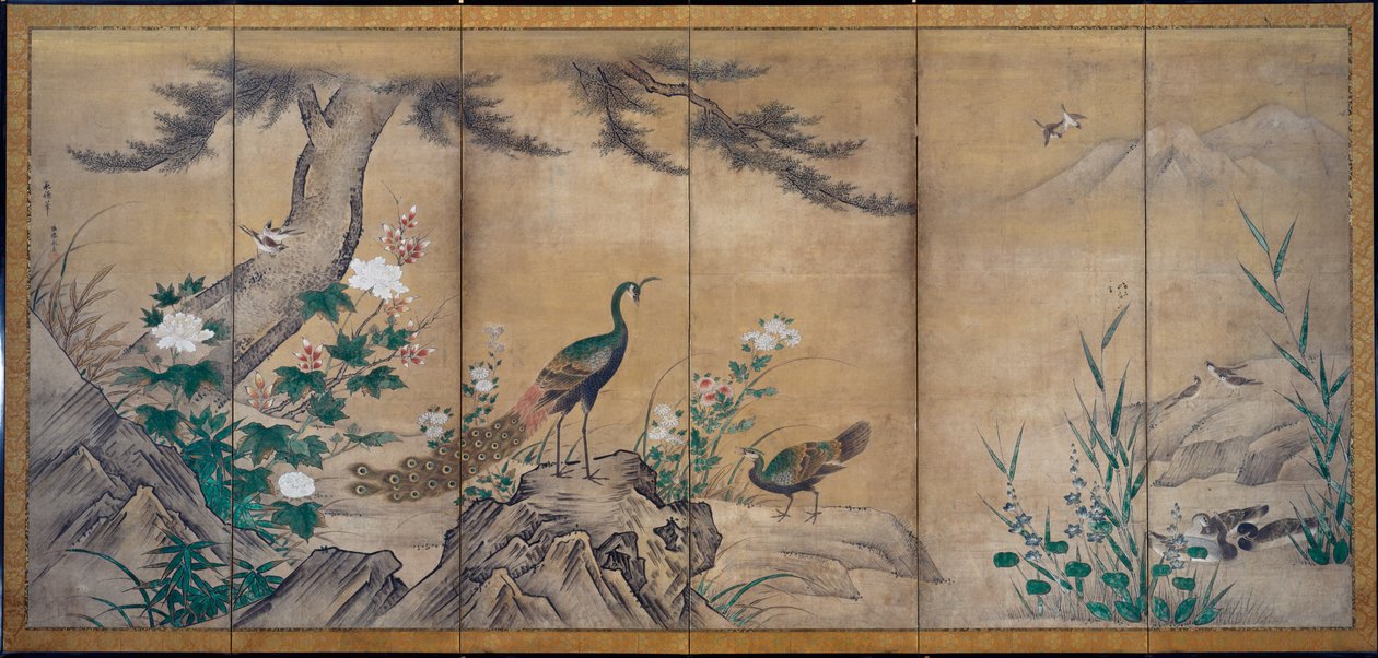 Madarak, fák és virágok, 1500-as évek vége. alkotó: Kano Mitsunobu