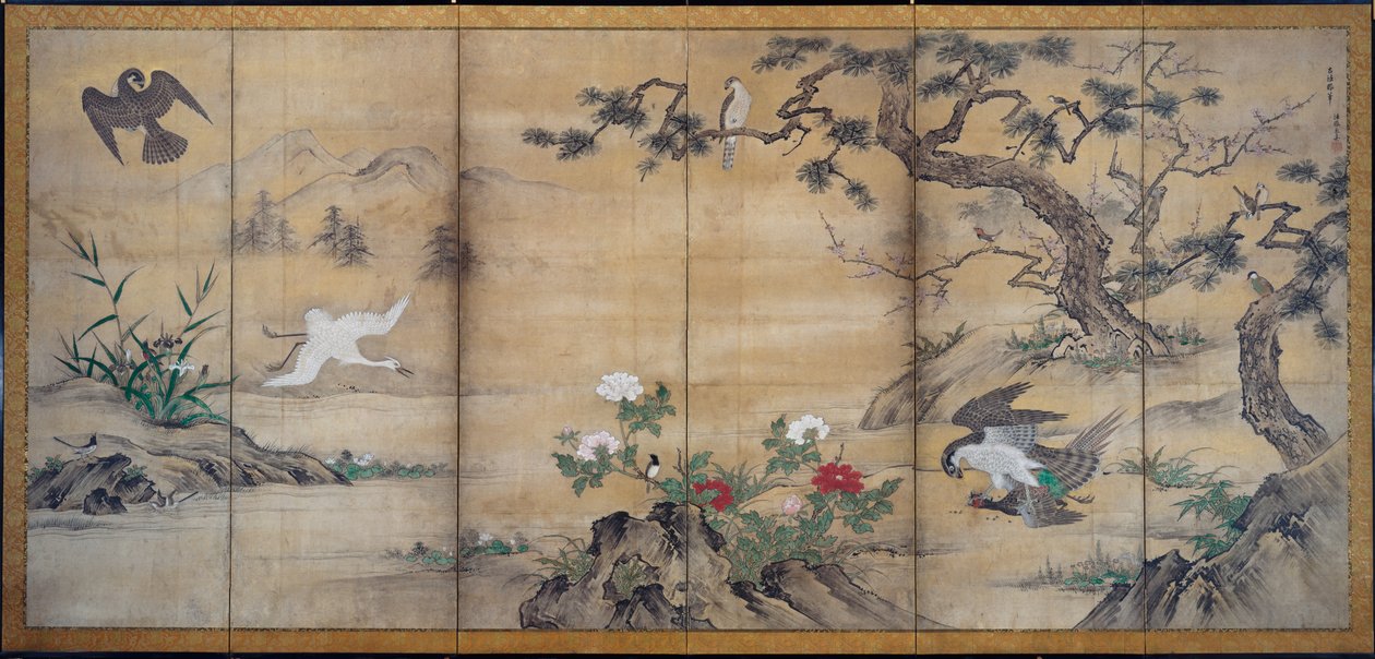 Madarak, fák és virágok, 1500-as évek vége. alkotó: Kano Mitsunobu