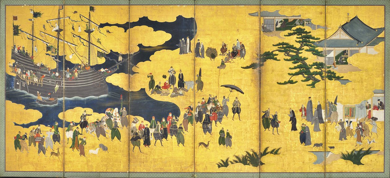 Southern Barbarians Come to Trade, pár hatpaneles képernyő, 17. század eleje alkotó: Kano Naizen