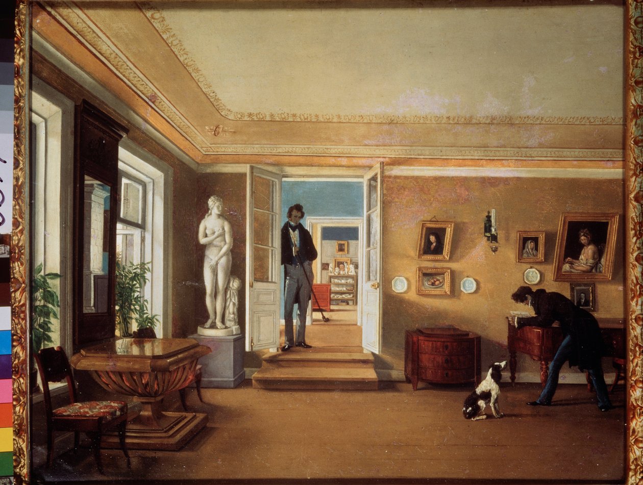 A szobában (Egy ember játszik a kutyával, míg egy másik megfigyeli őket) - A szobában - Kapiton Alekszejevics Zelentsov (1790-1845) festménye, olaj, vászon - Orosz művészet alkotó: Kapiton Alekseevich Zelentsov