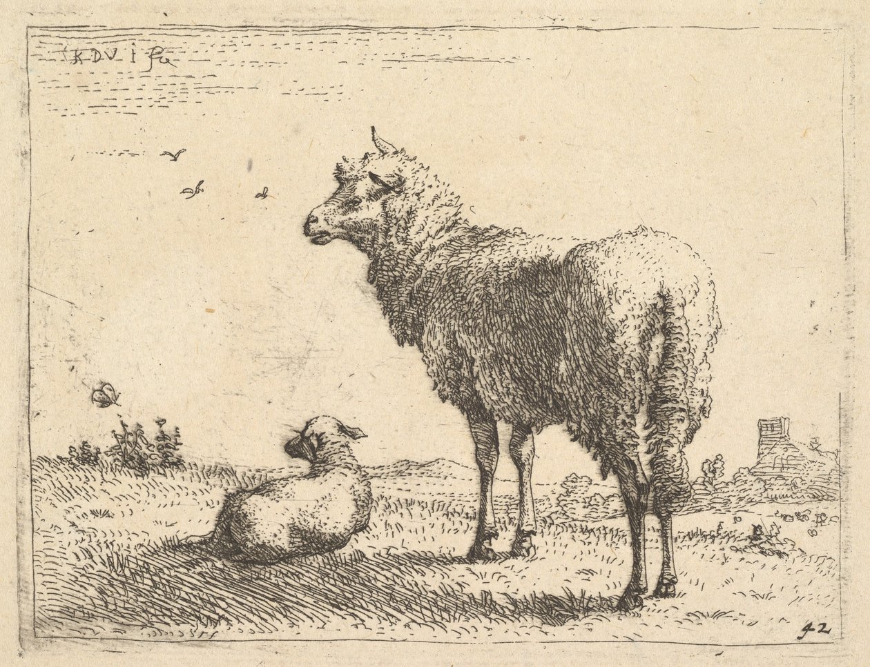 Egy érett birka háromnegyed nézetben áll és balra néz, mellette egy bárány fekszik..., kb. 1655. alkotó: Karel Du Jardin