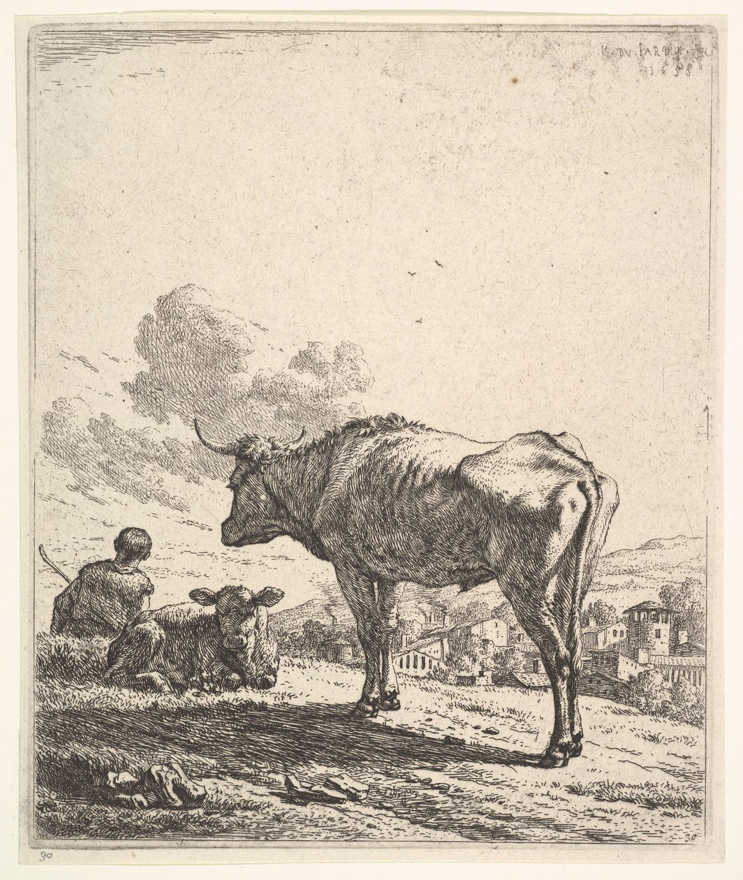 Tehénpásztor tehénnel és borjúval a domboldalon, a tehénpásztor hátulról nézve és ülve a ..., 1658. alkotó: Karel Du Jardin