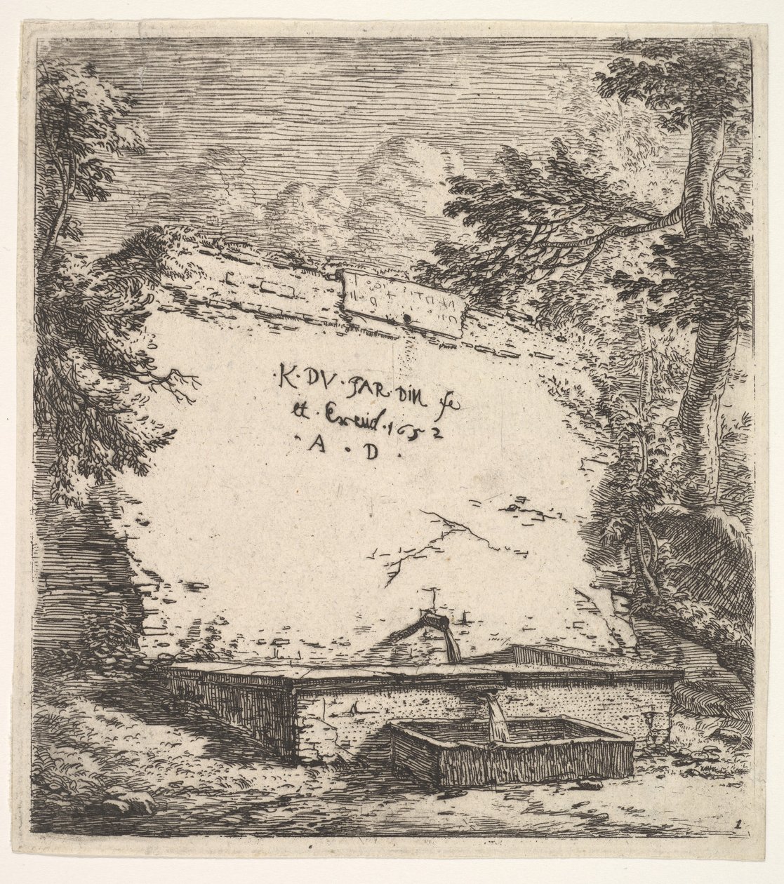 Homlokzat lépcsős szökőkúttal, kőfallal, vízkifolyóval, üregbe vizet öntő..., 1652. alkotó: Karel Du Jardin