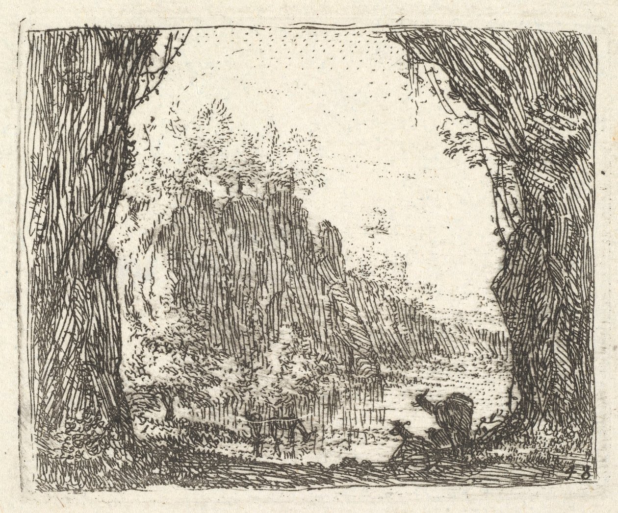 Fákkal szegélyezett táj bal és jobb előtérben, két goa sziluettje..., kb. 1641-78. alkotó: Karel Du Jardin