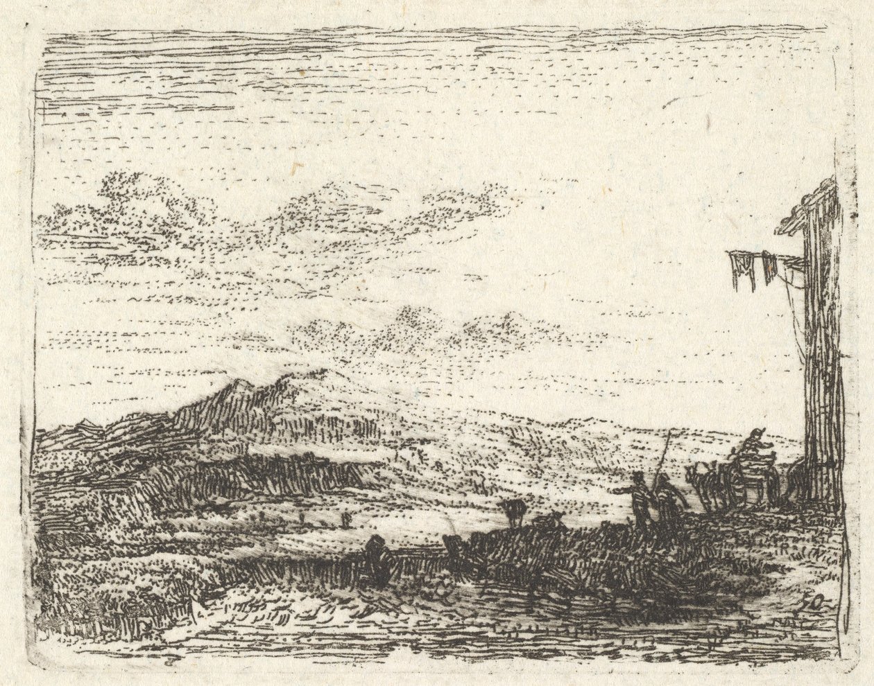 Táj épületsarokkal és napellenzővel jobbra, két figurával és egy lóval..., kb. 1641-78. alkotó: Karel Du Jardin