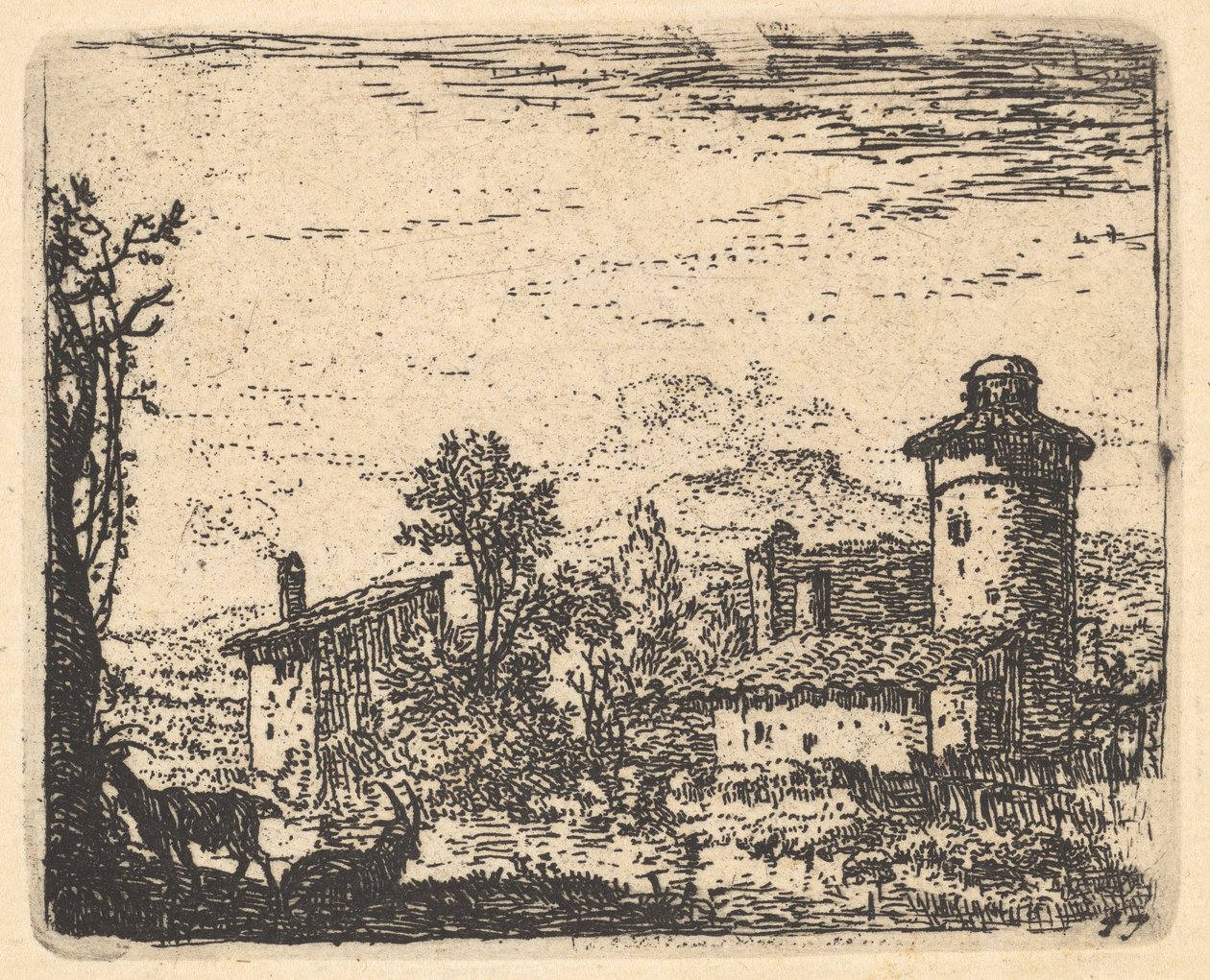 Táj két szarvas kecskével árnyékban a bal előtérben, falusi épületek bey..., kb. 1641-78. alkotó: Karel Du Jardin