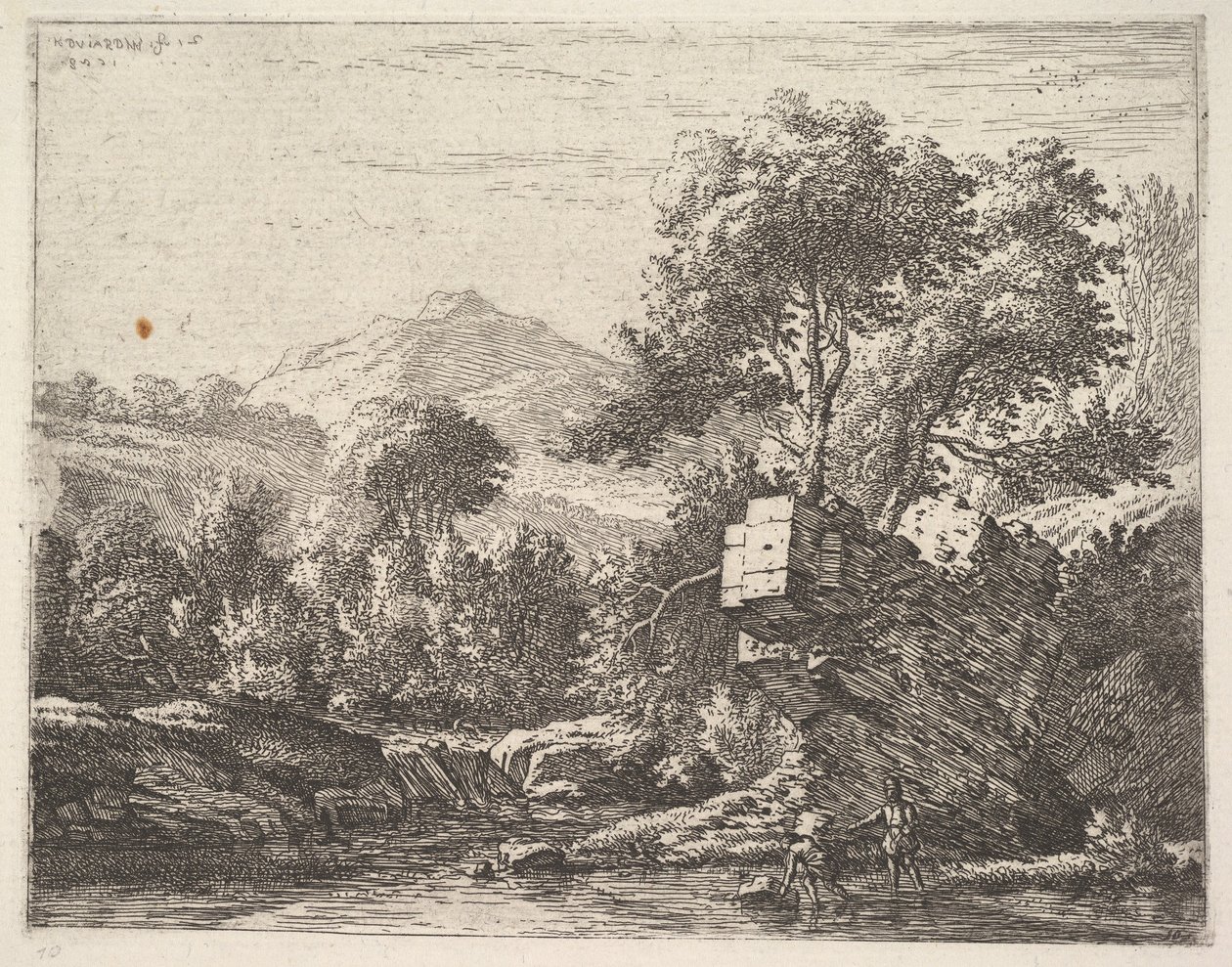 Két férfi áll bokáig egy vízben, mögöttük egy sziklás kiemelkedés, a le..., 1658. alkotó: Karel Du Jardin