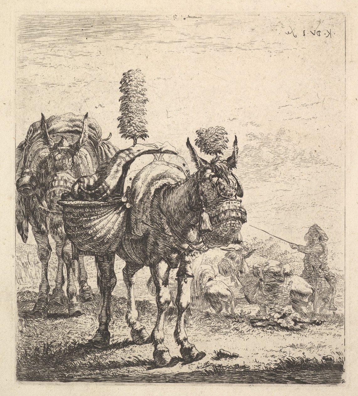 Két öszvér táskával, szemellenzőkkel, tollakkal és bojtokkal felszerelve, egy mu..., kb. 1641-78. alkotó: Karel Du Jardin