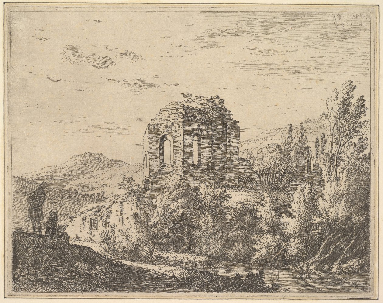 Két boltíves ablakos épület sarkát mutató romkép, tájképben..., 1658. alkotó: Karel Du Jardin