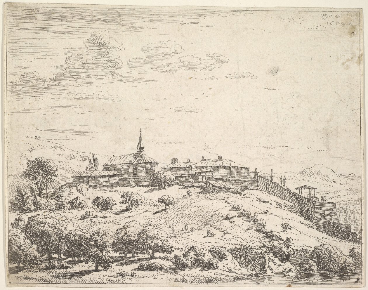 Fallal körülvett falu egy dombon, bal oldalon templommal és a lejtőn épült épületekkel a..., 1658. alkotó: Karel Du Jardin