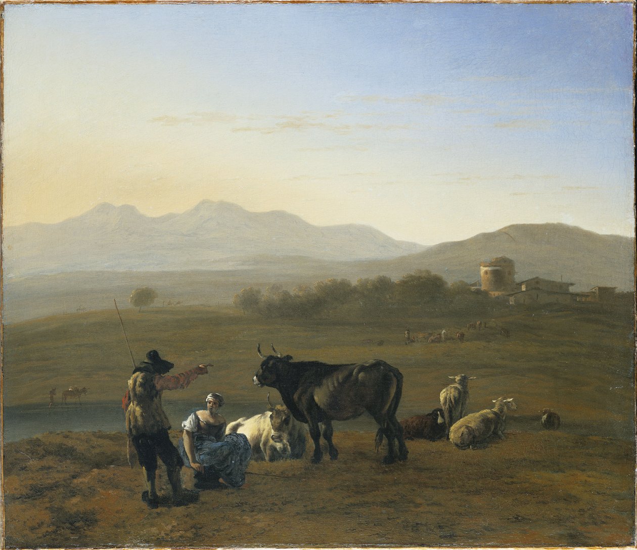 Egy kiterjedt táj a római Campagna területén, szarvasmarhákkal és pásztorokkal, 1975 alkotó: Karel Dujardin