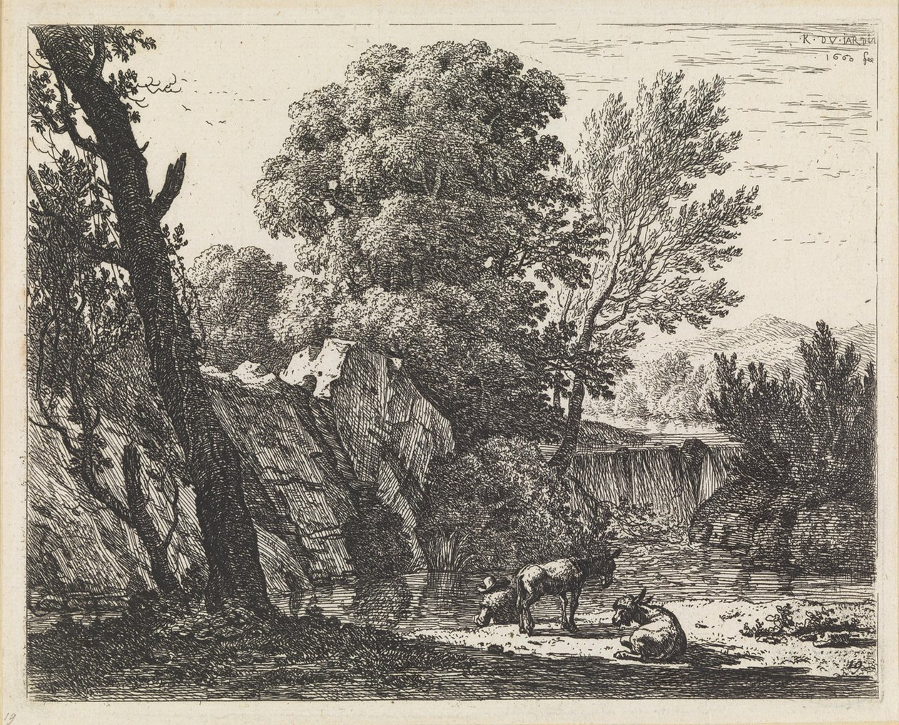 Tájkép férfival és két szamárral alkotó: Karel Dujardin