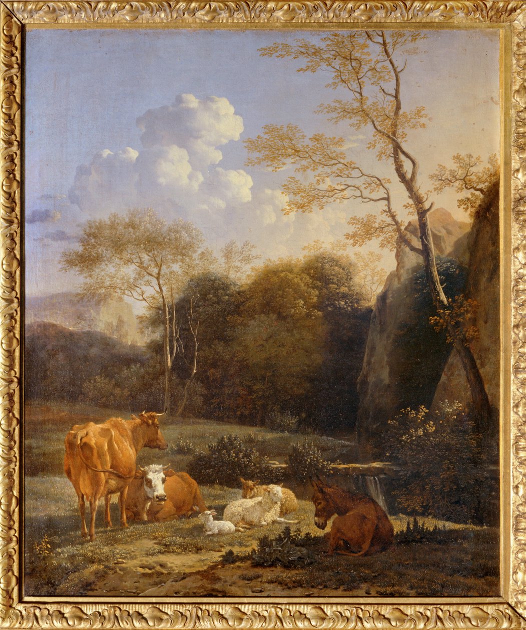 Le bocage, Tehenek, szamarak és birkák egy patak mellett ... alkotó: Karel Dujardin