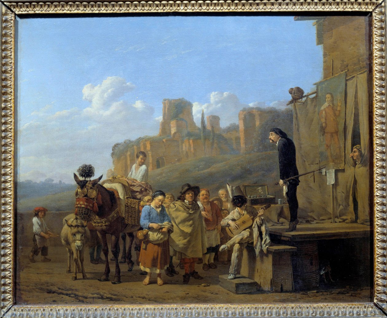 Az olasz sarlatán Marchand Ambuland, akik kábítószert árultak a köztereken. Karel Dujardin (1621-1678) festménye 1657. Mérete 0,44 x 0,52 m alkotó: Karel Dujardin