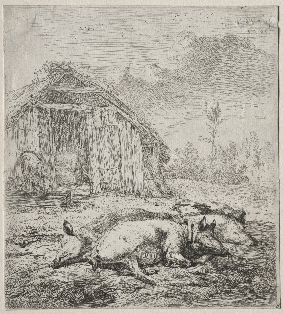 Három sertés feküdt egy büfé előtt. alkotó: Karel Dujardin