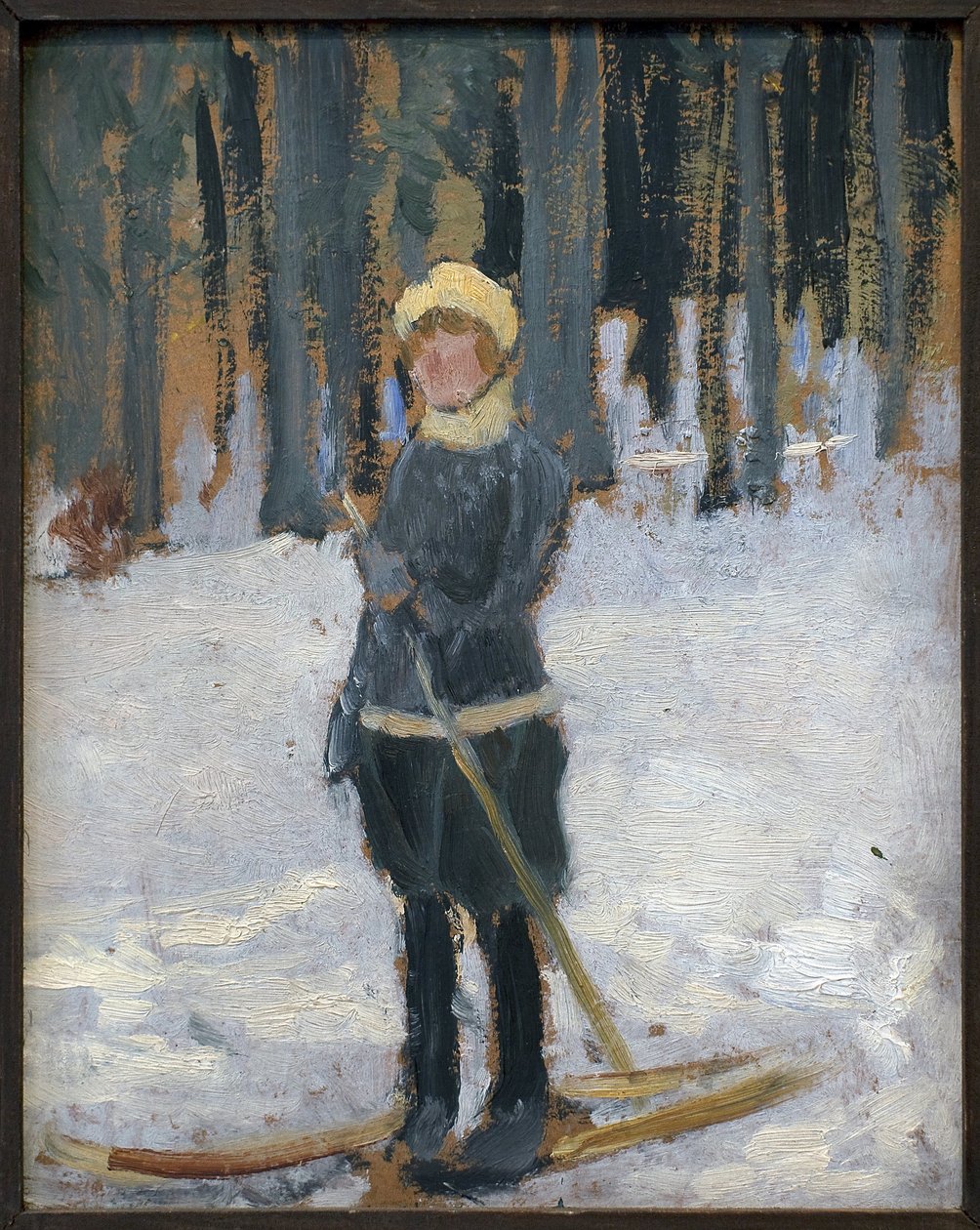 Nő síelés az erdőben. Karel Spillar (1871-1939) alkotása, olaj, karton alkotó: Karel Spillar