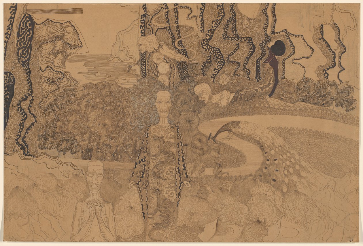 Allegorikus ábrázolás figurákkal és pávával a kertben alkotó: Karel de Nerée tot Babberich (signed by artist)