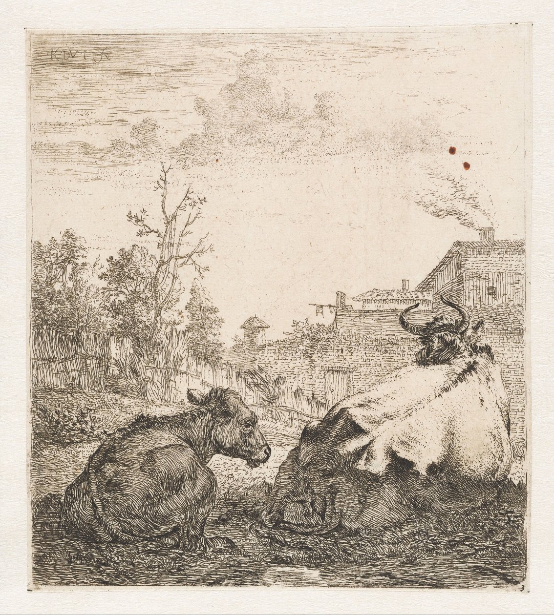 Fekvő tehén borjúval Állatok (sorozat címe) alkotó: Karel du Jardin (signed by artist)