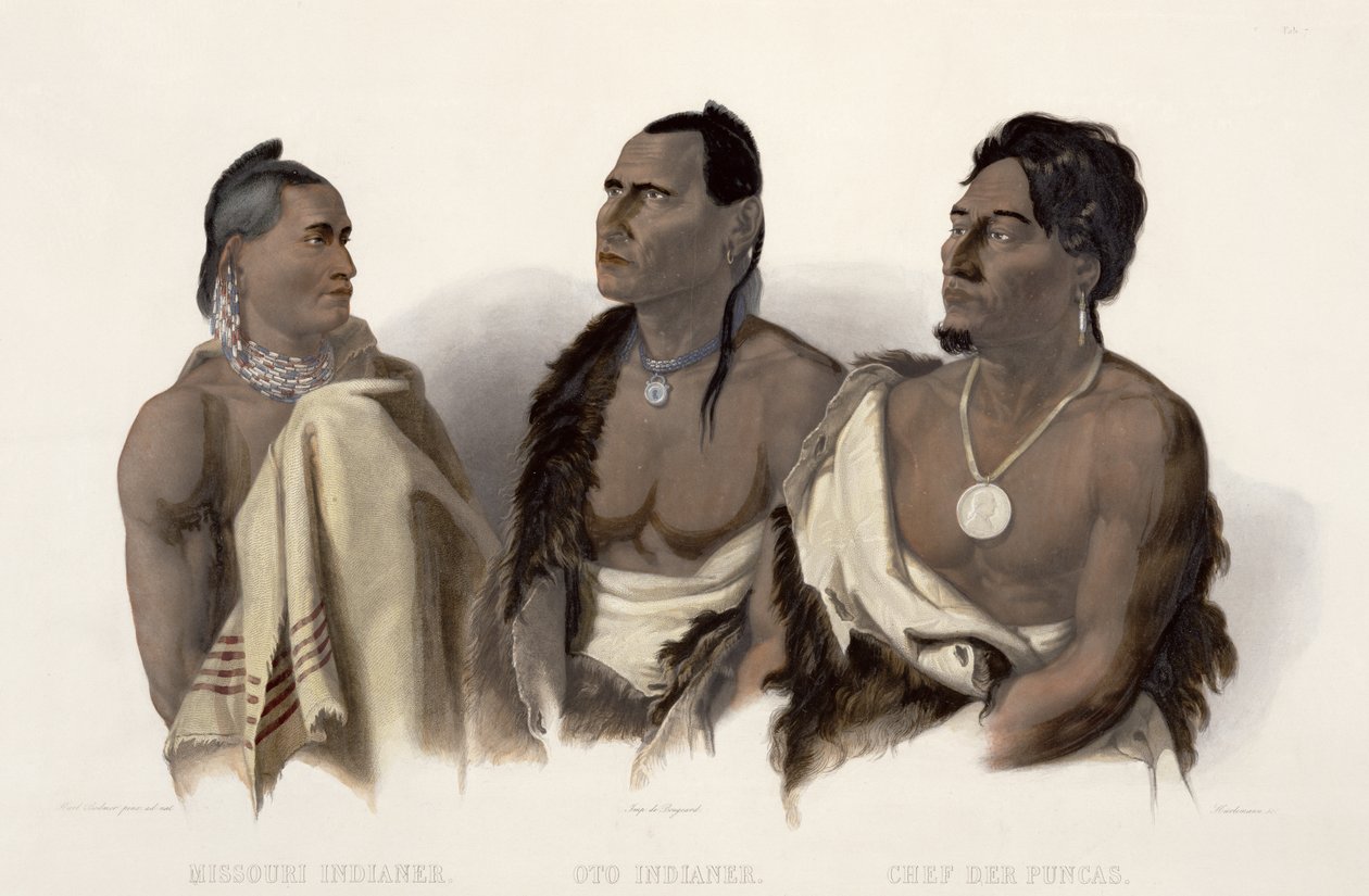 Egy missouri indián, egy oto indián és a puncaiak főnöke, 7. tábla a „Travels in the Interior of North America”-ból, J. Hurlimann metszet, 1844 (akvatinta) alkotó: Karl Bodmer