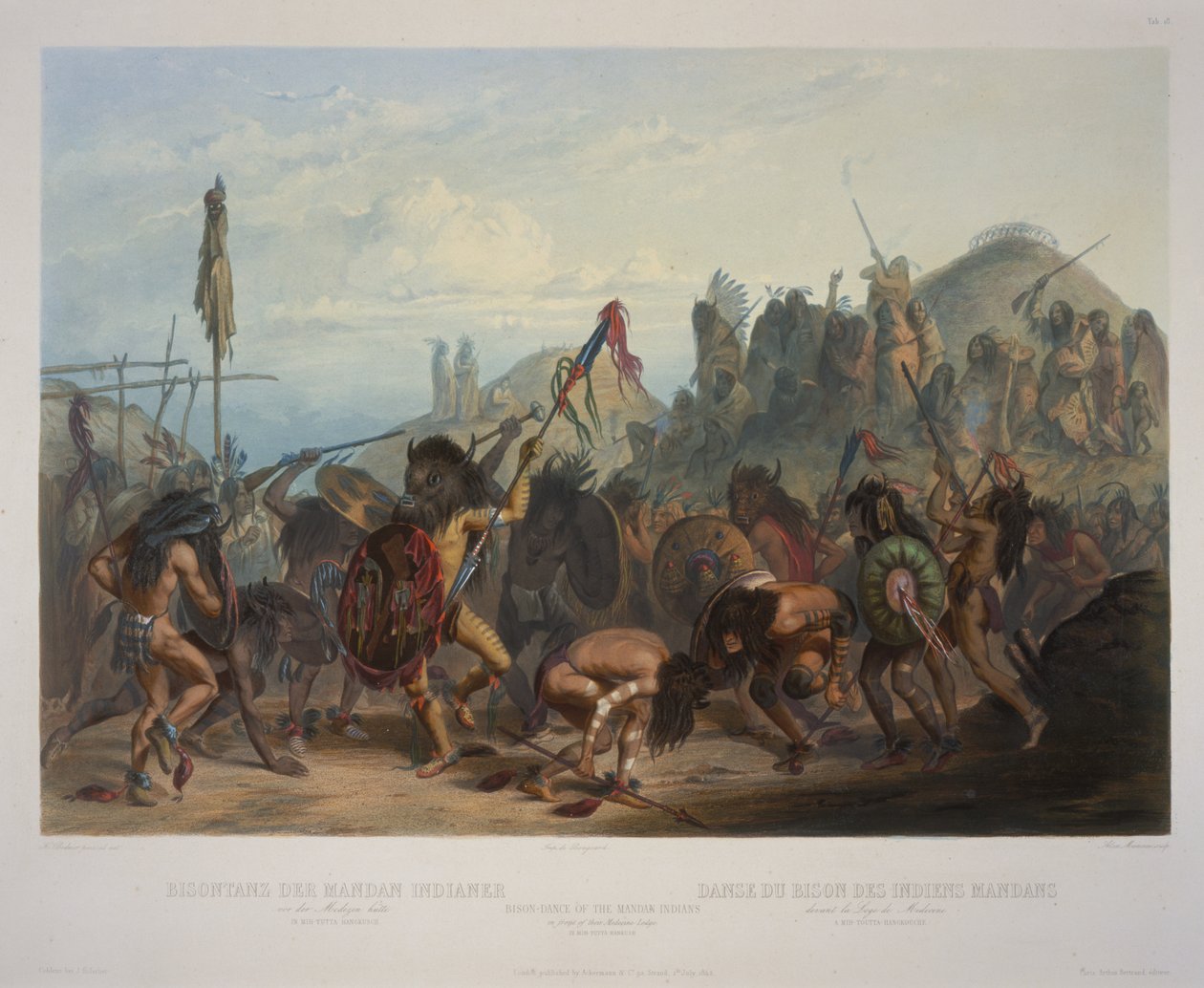 A mandan indiánok bölénytánca az orvosházuk előtt. alkotó: Karl Bodmer