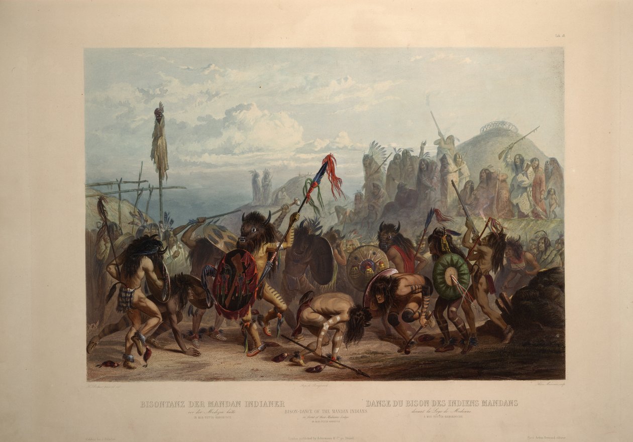 A mandán indiánok bölénytánca gyógyszerházuk előtt alkotó: Karl Bodmer