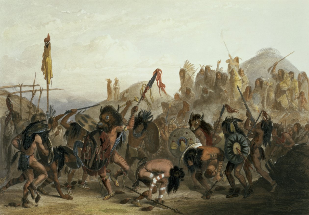 A mandan indiánok bölénytánca a mih-tutta-hankush-i orvosságos házuk előtt, 18. tábla az "Utazások Észak-Amerika belsejében" 2. kötetéből, metszet: Alexandre Manceau, 1844 (aqua) alkotó: Karl Bodmer