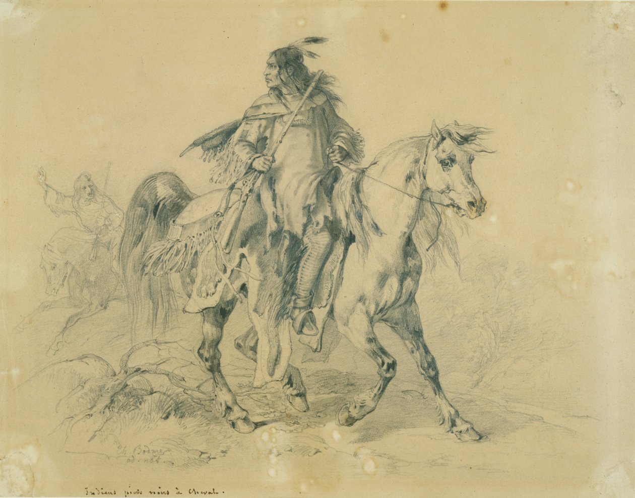 Feketelábú harcos lóháton, 1833-43 körül (ceruza, toll és WC papíron) alkotó: Karl Bodmer