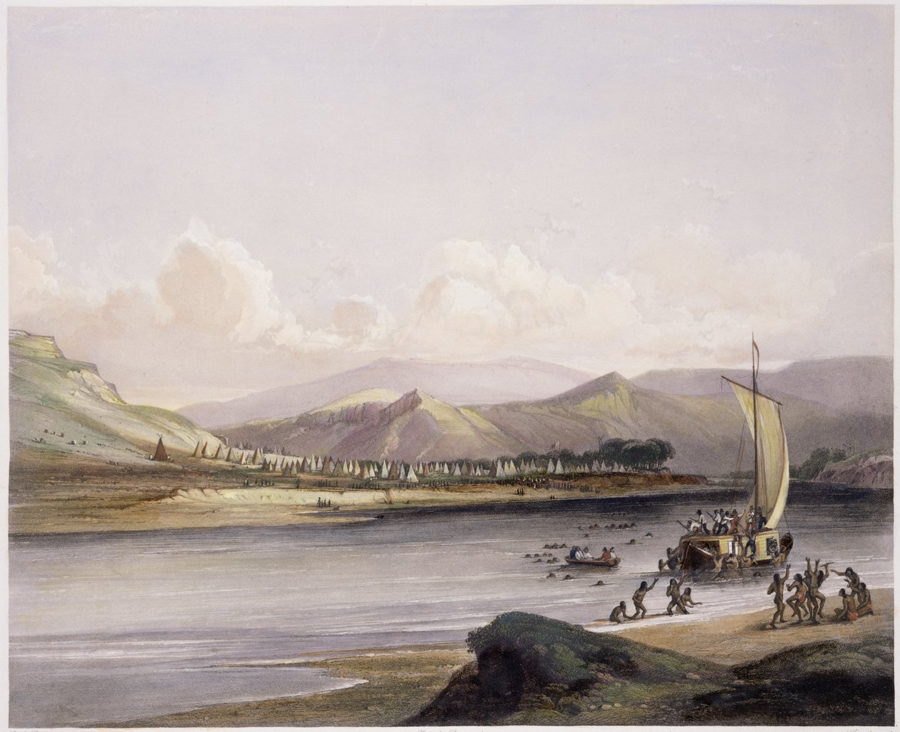 A Gros Ventres of the Prairies tábora Felső-Missouriban, a „Travels in the Interior of North America” 2. kötetének 38. táblája, Sigismond Himely (1801-72) metszete, 1844 (akvatinta) alkotó: Karl Bodmer