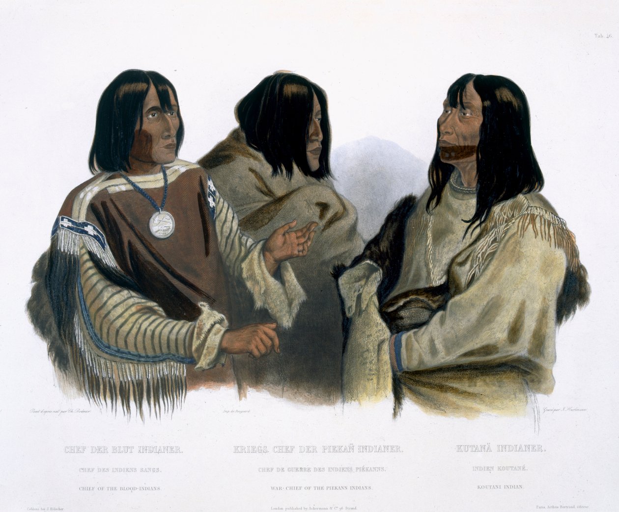 A vérindiánok főnöke, a piekann indiánok hadfőnöke és egy koutani indián, a „Travels in the Interior of North America” 2. kötetének 46. táblája, J. Hurlimann metszet, 1844 (akvatinta) alkotó: Karl Bodmer