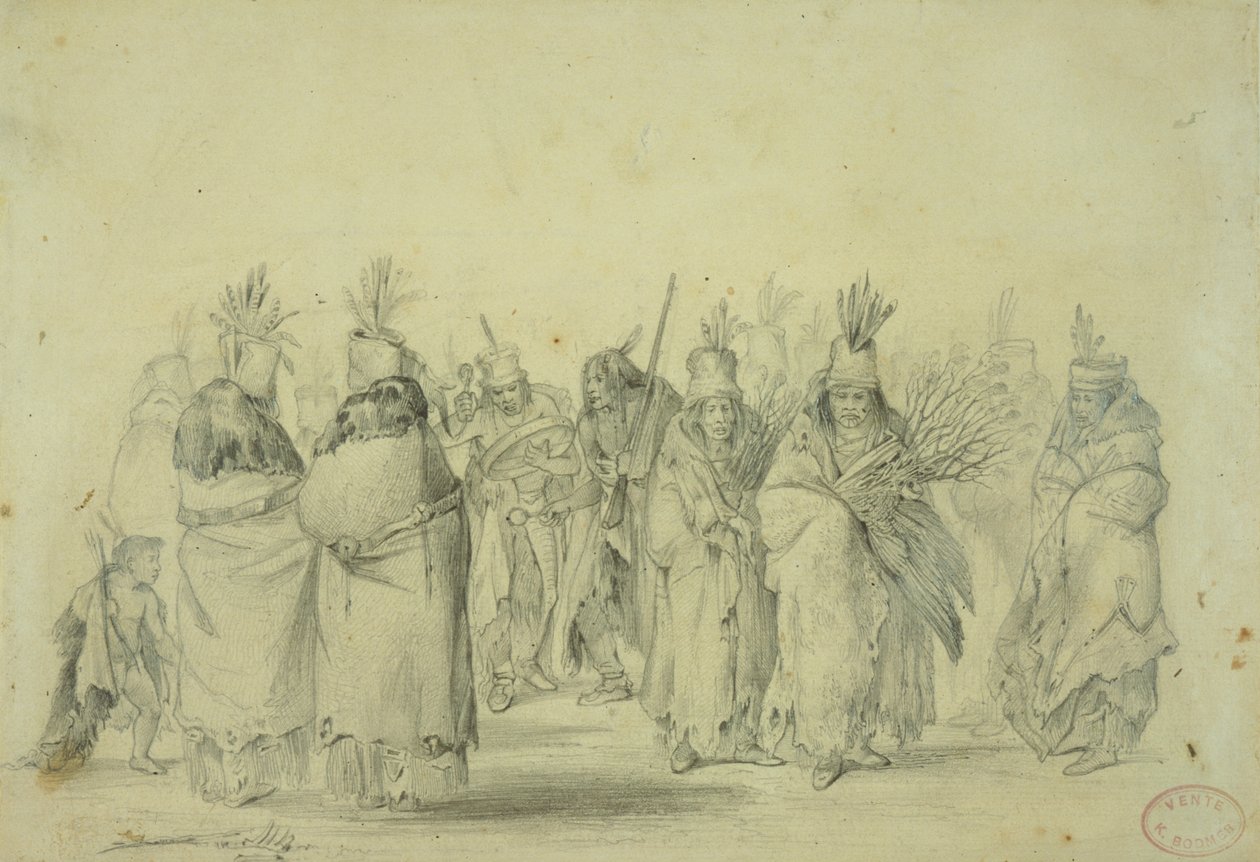 Mandan nők tánca, 1833-43 körül (ceruza, toll és WC papíron) alkotó: Karl Bodmer