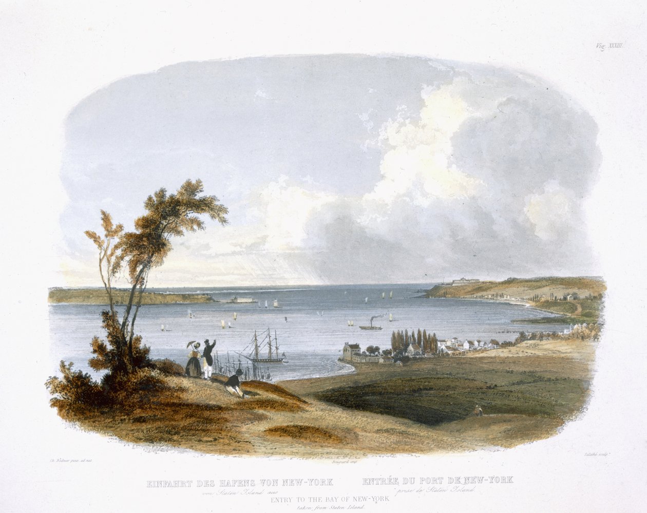 A New York-i öbölbe való bejárat a Staten Island-ről, a „Travels in the Interior of North America” 1. kötet 33. táblája, Friedrich Salathe (1793-1858) metszetében, 1843 (akvatinta) alkotó: Karl Bodmer