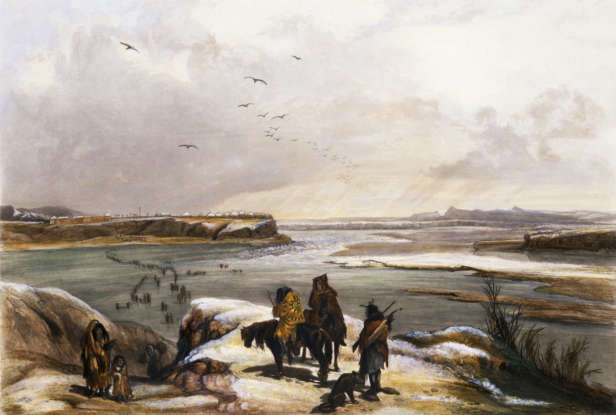 Fort Clark Missouri államban, 1834. február, „Utazások Észak-Amerika belsejében” 2. kötet 15. táblája, Lucas Weber metszet, 1844 (akvatinta) alkotó: Karl Bodmer