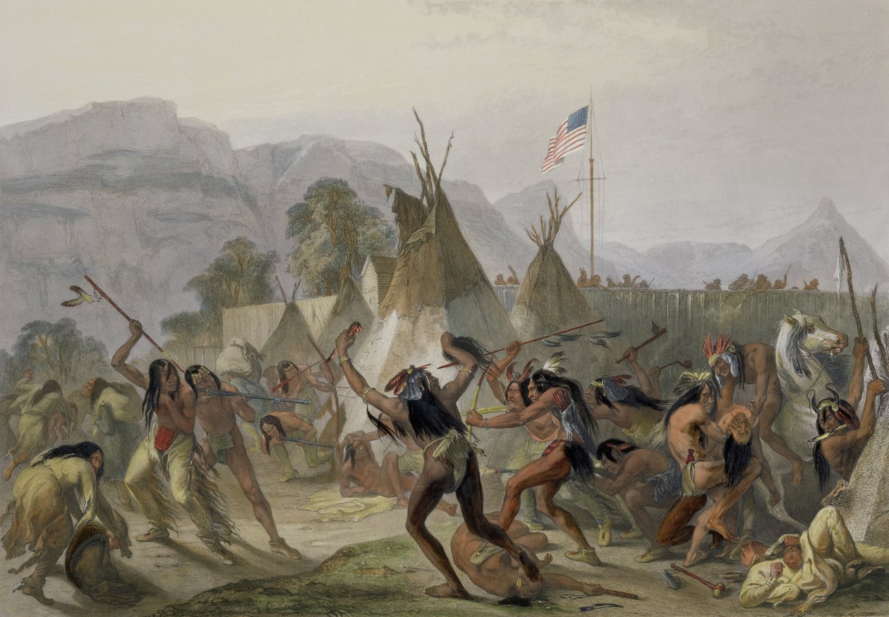 Fort Mackenzie, 1833. augusztus 28., „Utazások Észak-Amerika belsejében” 2. kötetének 42. táblája, Alexandre Manceau és J. Hurlimann metszet, 1844 (akvatinta) alkotó: Karl Bodmer