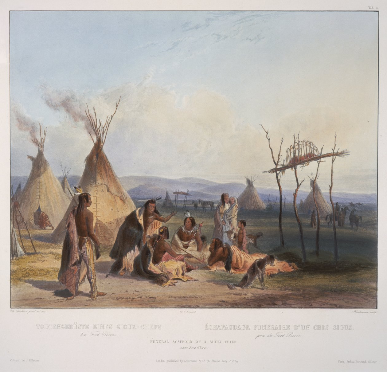 Egy sziú törzsfőnök temetési állványa Fort Pierre közelében, J. Hurliman metszete, 1839-ben jelent meg (aquatinta). alkotó: Karl Bodmer