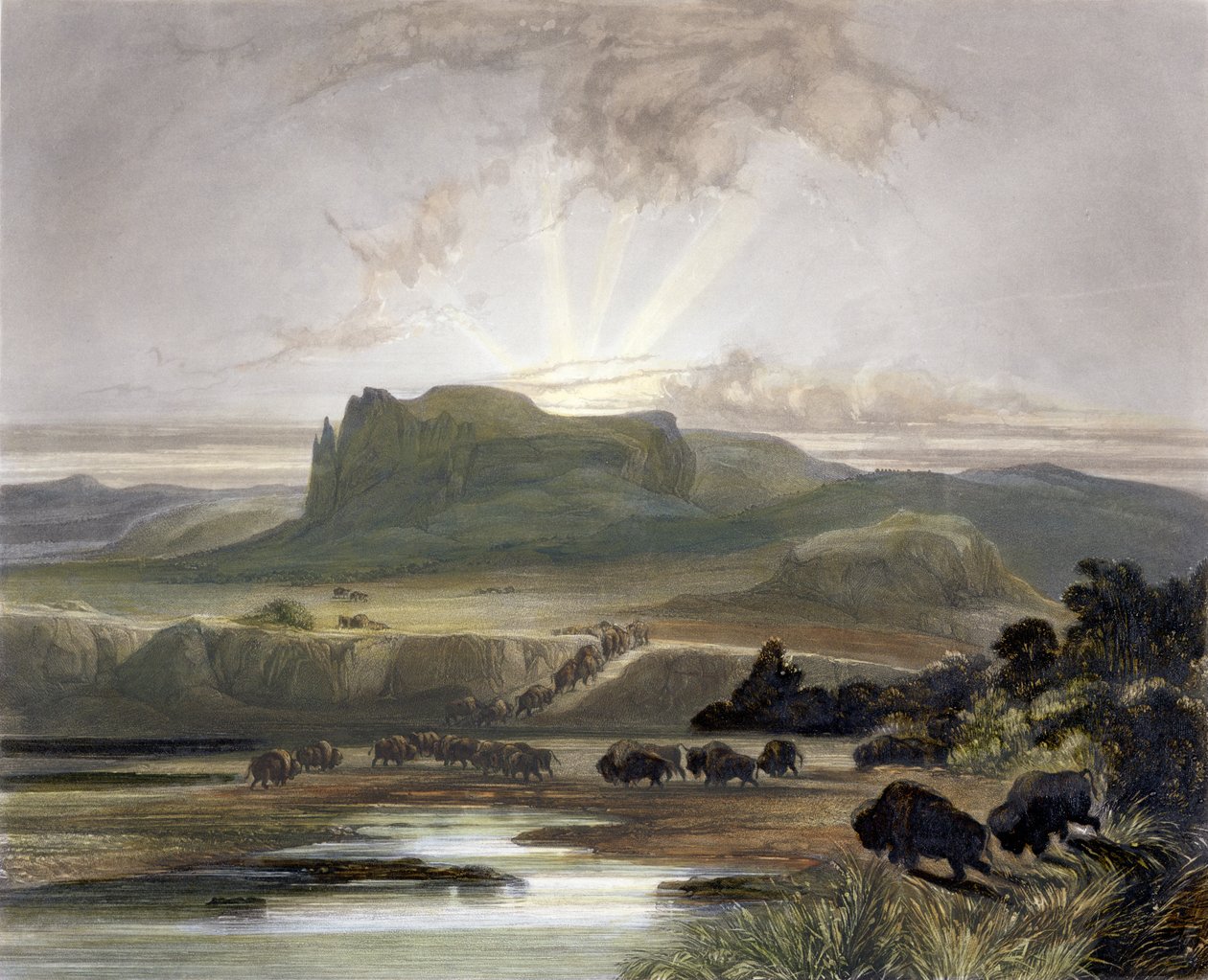 Bölénycsorda Felső-Missouriban, „Utazások Észak-Amerika belsejében” című könyv 2. kötetének 40. táblája, William James Bishop (1805-88) és Sigismond Himely (1801-72) metszete, 1844 (akvatinta) alkotó: Karl Bodmer